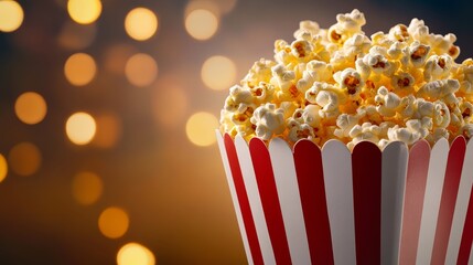 A close-up of a striped popcorn bucket filled with buttery popcorn against a blurred, festive background