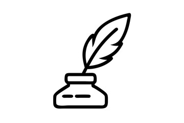 Feather Quill Pen with Inkpot Icon – Vintage Writing Tool Flat Design

