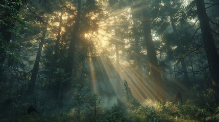 Sunbeams filter through dense trees creating a tranquil ambiance in a serene forest landscape