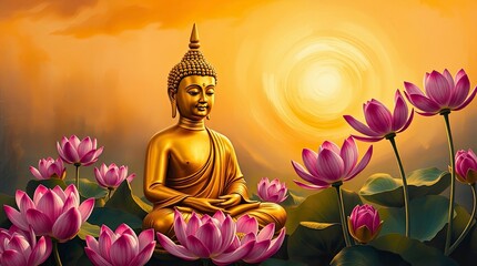 Fototapeta premium Golden Buddha Statue Meditating Amidst Pink Lotuses Sunset