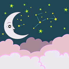 Fototapeta premium Illustration of moon with stars and clouds in night sky