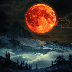 The eerie moon climbs bathing trees in crimson luminescence image