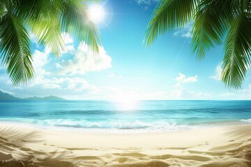 An idyllic exotic beach scene featuring pristine white sand, lush palm trees, and vibrant turquoise seas. A dreamy, luxurious setting ideal for relaxation or creative design inspiration