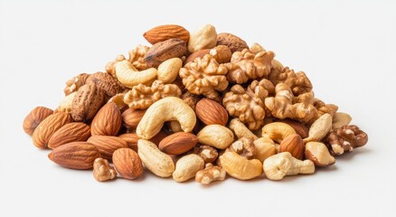 Assorted nuts pile on white background