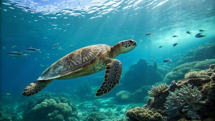 Obraz premium Green Sea Turtle Swimming Over Coral Reef
