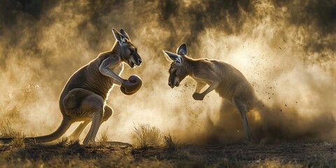 Powerful male kangaroo engaging boxing match dust swirling around them dry clearing action frozen mid strike fast shutter speed 12500s capturing intensity cinematic framing intense action shot dynamic