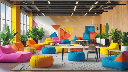 Colorful modern co-working space with bean bag chairs
