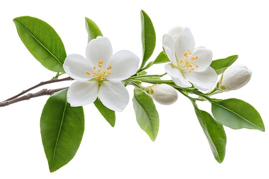 Orange blossom flower with green leaves on a branch, isolated on a white background. Detailed close-up with crisp focus and natural texture. Perfect for botanical and nature themes.