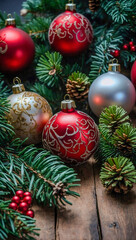 Christmas decor with red ornaments and pine.