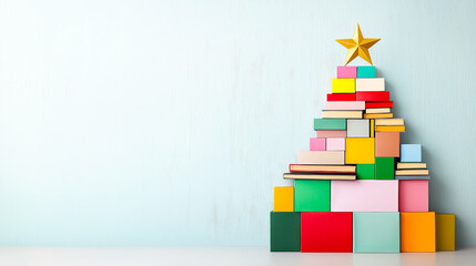 Colorful block Christmas tree created with stacked boxes and a star on top