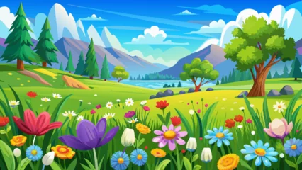 Fototapeten Lindgrün Beautiful spring landscape with colorful wildflowers in a green meadow on a blue day,  © ehsanollah