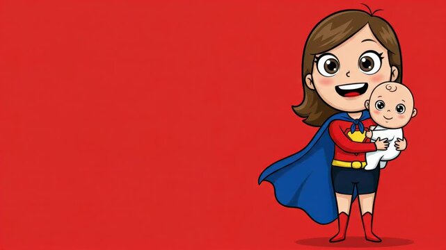A cartoon mom with a superhero cape holding her baby, on the right side, solid bold red background, exaggerated proportions, space on the left for text
