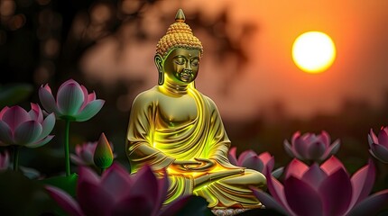 Obraz premium Golden Buddha Statue Sunset Lotus Flowers Peaceful Meditation Art
