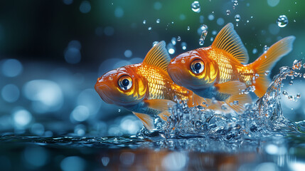 Two goldfish jumping out of water with water splash effect