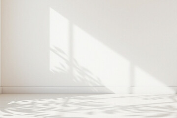 Shadow of a window on a wall with a floor, featuring an overlay effect of leaves and windowpane. Sun light shade