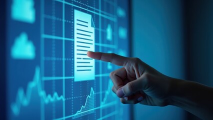 Person is pointing at a blue screen with a paper on it. The paper is displayed as a graph, and the person's finger is hovering over it