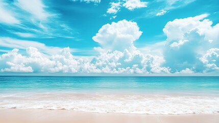 Fototapeta premium Beautiful Tropical Beach with Blue Sky and White Sand – Serene Paradise Coastal Landscape