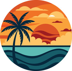 Scenic tropical beach sunset vector illustration with palm tree, ocean waves, and birds in a circular design for vacation and travel themes