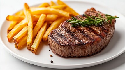  Grilled steak and crispy fries garnished with rosemary on a white plate