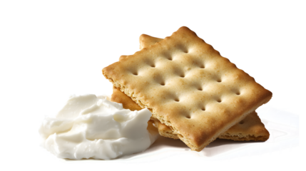 A white cracker with a dollop of cream cheese on top. The cracker is slightly toasted and the cream cheese is spread out on top