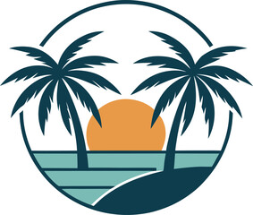 Minimalist tropical beach sunset vector with palm trees, ocean waves, and sun in a circular emblem for travel, vacation, and nature themes

