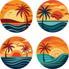 Obraz premium Tropical beach sunset vector set with palm trees, ocean waves, and vibrant orange skies in circular design for travel and nature themes
