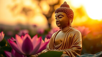 Obraz premium Golden Buddha Statue at Sunset Serenity Peaceful Lotus Flowers
