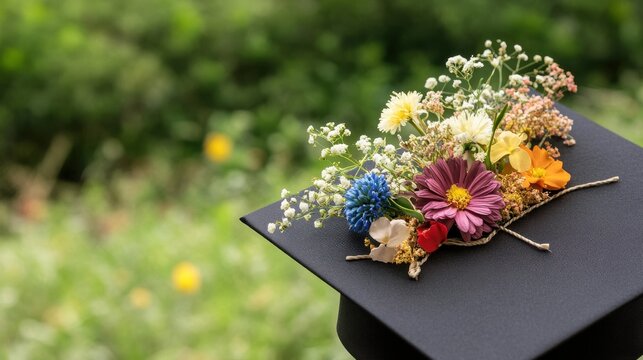 custom graduation cap design, an original graduation cap adorned with custom flowers and books, represents personal flair and creativity