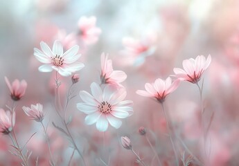 Obraz premium Soft Pink and White Flower Blooming in a Dreamy Garden Setting with Out of Focus Background and Gentle Light Effects