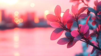 Pink flowers bloom against a city sunset backdrop