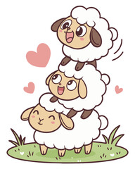 Fototapeta premium Adorable cartoon sheep stacked on top of each other, featuring a kawaii farm animal illustration in a relaxing and playful design. 