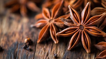 Fototapeta premium Fresh organic star anise pods on rustic wood.