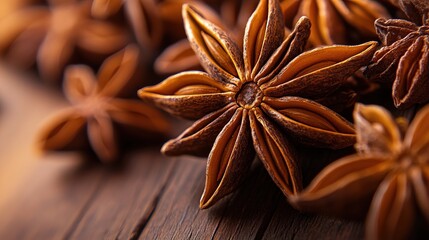 Fresh organic star anise pods on rustic wood.