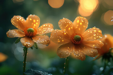 Two orange flowers with water droplets on them