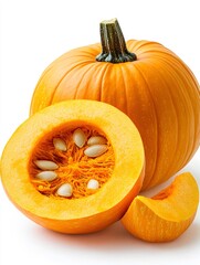 Fresh pumpkin showing seeds and pulp on white background