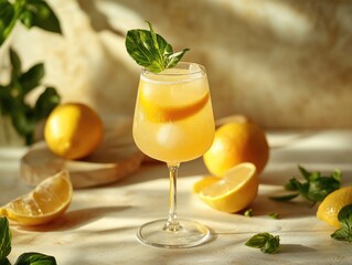 Fototapeta premium Cocktail Glass with Slices of Lemon and Mint