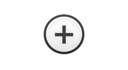 Obraz premium A gray circular button displays a bold black plus sign on a plain, black background