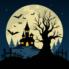 A haunted forest with a full moon and creepy silhouettes of crows, bats, and a haunted house in a spooky vector composition.