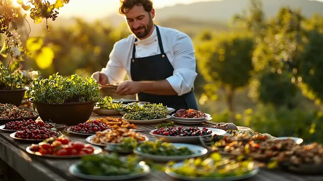Chef preparing a colorful outdoor buffet with fresh ingredients amidst a vineyard landscape