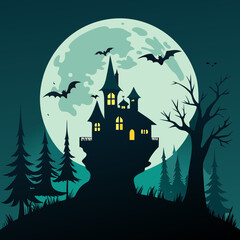 A haunted forest with a full moon and creepy silhouettes of crows, bats, and a haunted house in a spooky vector composition.