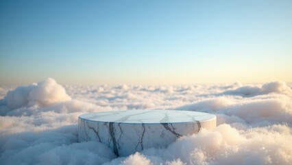 Elegant marble platform above clouds under serene sky at sunrise