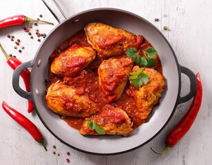 Spicy cajun chicken fillets simmering in tomato sauce with chili peppers