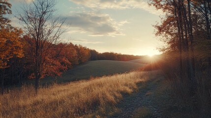 Obraz premium Sunset behind trees in field