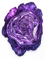 Red cabbage showing concentric purple and violet layers on white background