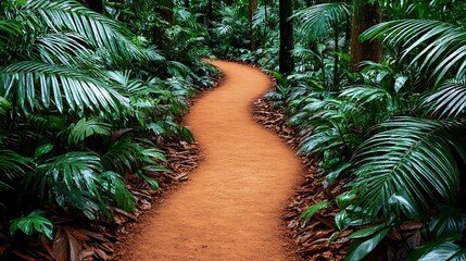 A winding red dirt path curves through a lush green forest