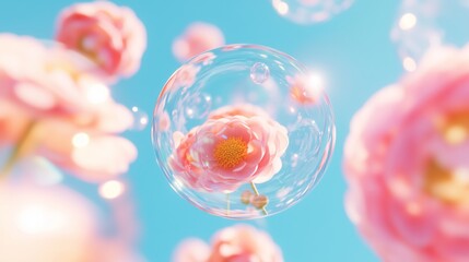 surreal floating soap bubbles, inside the bubbles are ranunculus, blue sky background