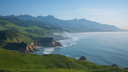Serene Coastal Landscape with Green Hills and Rocky Shoreline