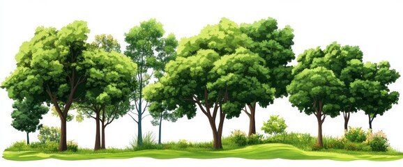 Obraz premium Lush Green Tree Row Digital Painting, White Background, Nature Scene, Tree Illustration, Landscape Design Trees, nature