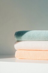 neatly folded stack of freshly laundered colorful towels sits atop plain white countertop with soft lighting creating