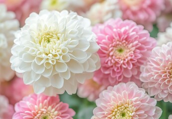 Fototapeta premium Stunning close-up view of white and pink dahlias showcasing intricate petal arrangements and vibrant colors in a beautiful floral composition